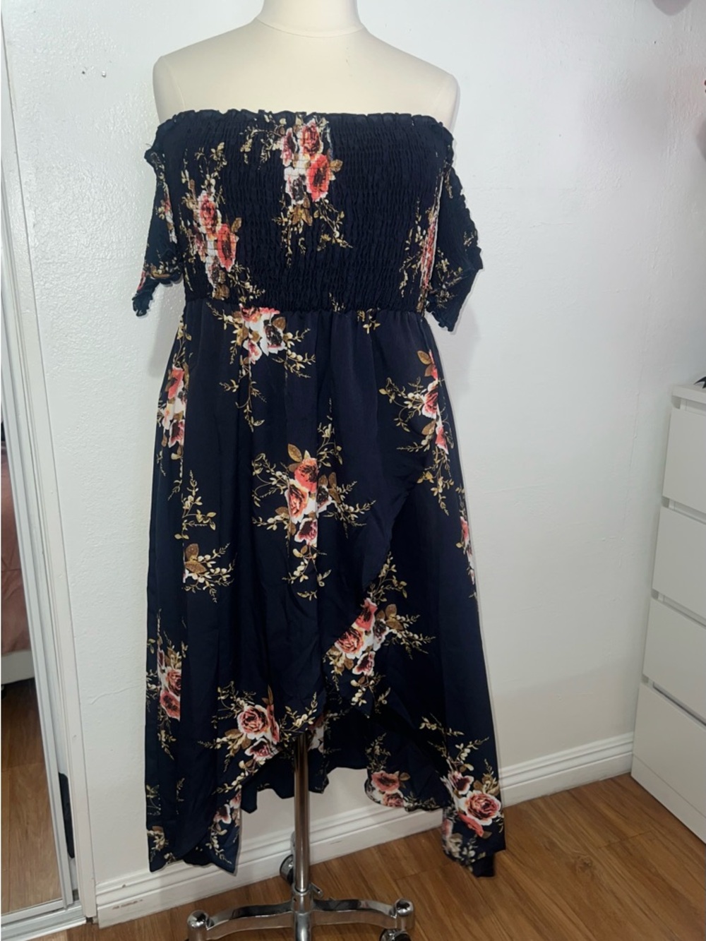 Off-Shoulder High-Low Floral Dress in Navy with Pink Roses